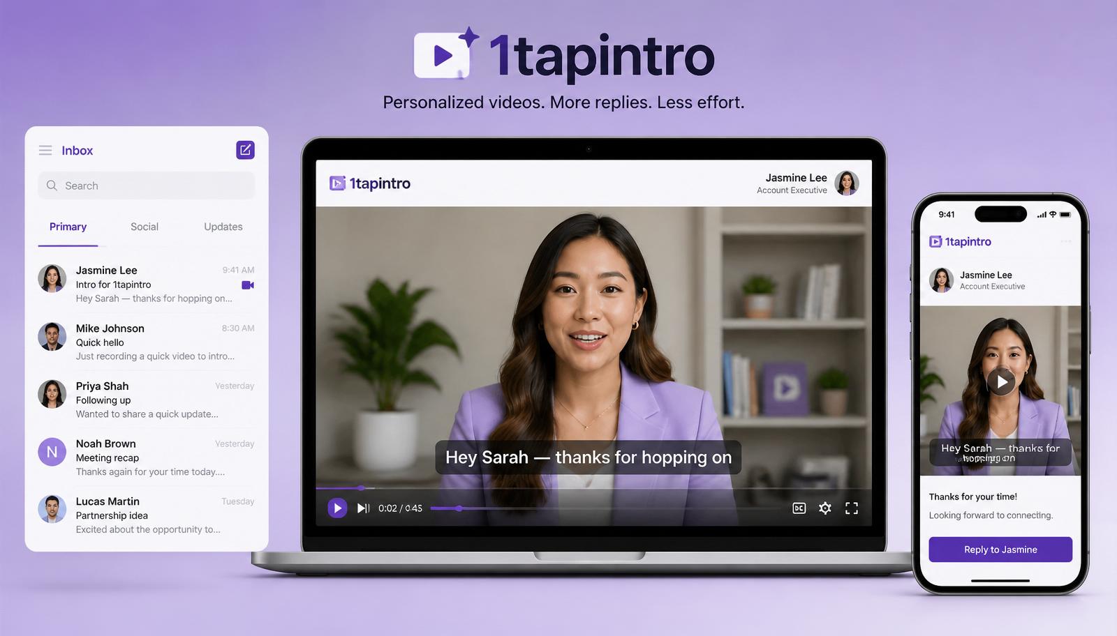 1TapIntro personalized video demo — laptop and phone showing a video email with the recipient's name.